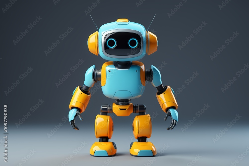 a close up of a robot with a blue and orange body a close up of a robot with a blue and orange body