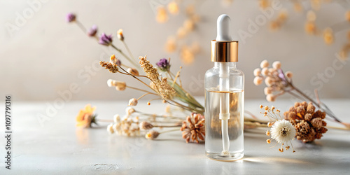 Serum pipette in cosmetic tube with dried flowers on light background