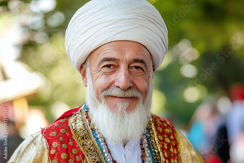 Portrait of a Turkish whirling dervish in traditional attire, Turkey