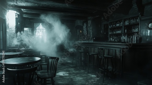 A haunting scene inside an old, abandoned bar, with smoke creeping through the air, casting a ghostly ambiance. The dark furniture and vintage decor create a spooky, unsettling mood perfect for horror