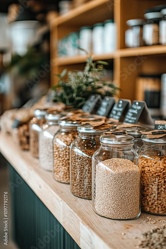 A zero-waste store with glass jars of grains, nuts, and spices, reducing packaging waste photo