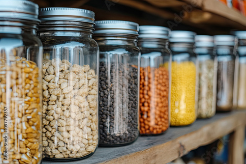 A zero-waste store with glass jars of grains, nuts, and spices, reducing packaging waste photo