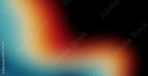 Vibrant rainbow, orange blue teal white psychedelic grainy gradient color flow wave on black background, music cover dance party poster design. Retro Colors from the 1970s 1980s, 70s, 80s, 90s style
