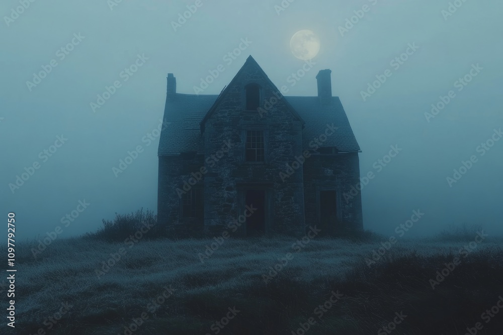 Creepy abandoned house in foggy field at night with full moon, creating mysterious and spooky atmosphere Creepy abandoned house in foggy field at night with full moon, creating mysterious and spooky atmosphere