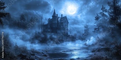 Creepy haunted house with smoking chimney in a foggy landscape under full moon at night