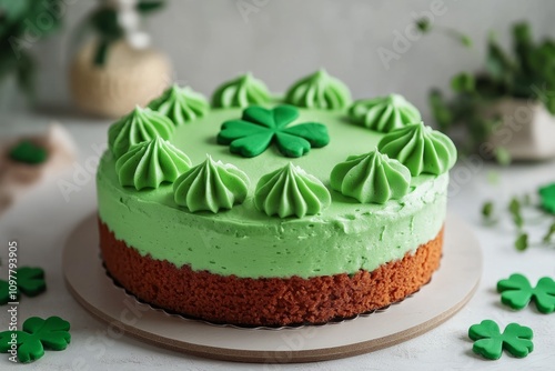 Round cake with green frosting and shamrock decorations celebrating saint patrick's day photo