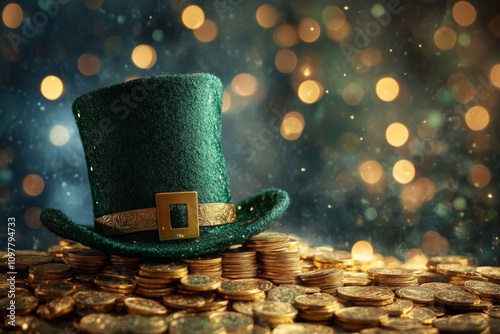 Saint patrick's day celebration with green leprechaun hat on top of gold coins with bokeh effect photo