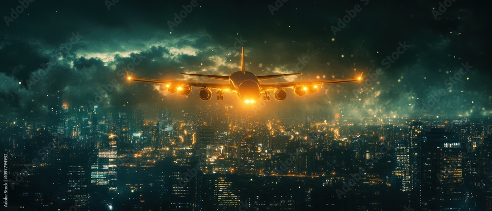 A dramatic scene of an airplane flying over a city at night, illuminated by city lights. A dramatic scene of an airplane flying over a city at night, illuminated by city lights.