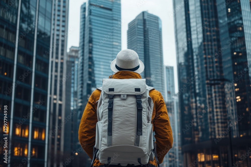 A lone traveler explores the cityscape with a backpack and hat A lone traveler explores the cityscape with a backpack and hat