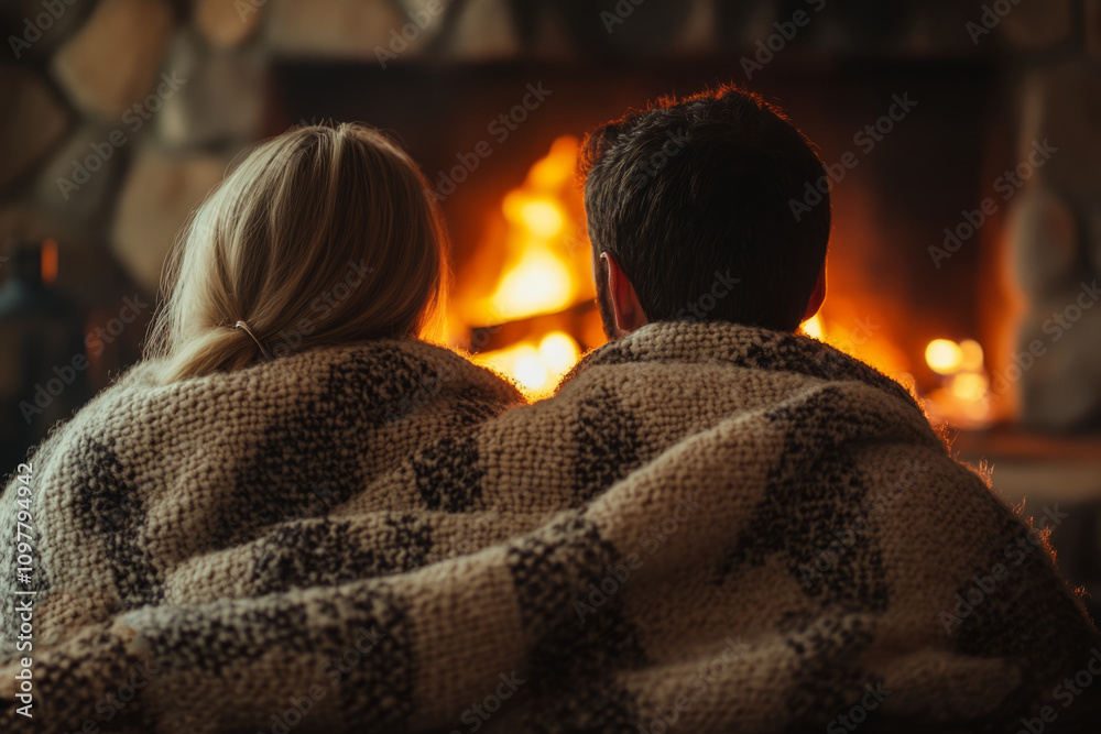 Romantic couple relaxing by the fireplace, enjoying the warmth and glow of the fire on a cold winter evening Romantic couple relaxing by the fireplace, enjoying the warmth and glow of the fire on a cold winter evening