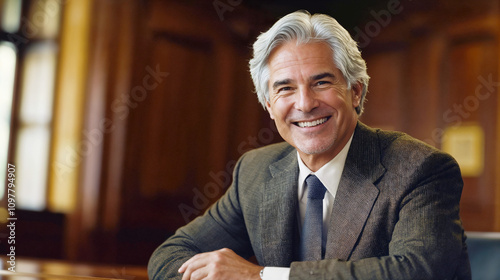 Successful professional, distinguished professor with silver hair in elegant boardroom, academic leadership lifestyle portrait photo