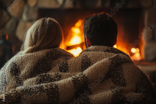 Romantic couple relaxing by the fireplace, enjoying the warmth and glow of the fire on a cold winter evening