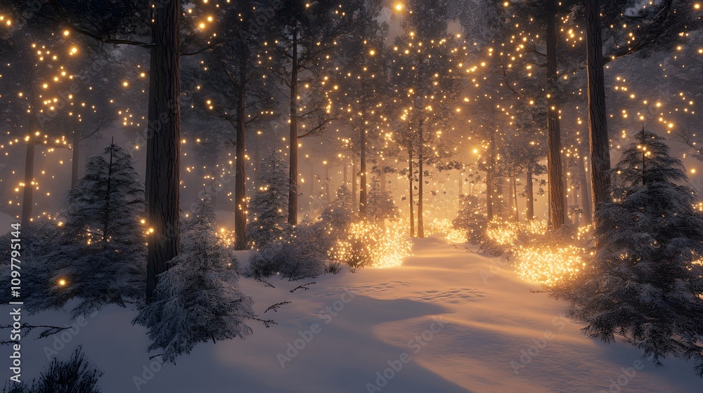A snowy pine forest with twinkling lights and soft snow covering the branches, leaving a wide empty area in the foreground for showcasing a product. A snowy pine forest with twinkling lights and soft snow covering the branches, leaving a wide empty area in the foreground for showcasing a product.
