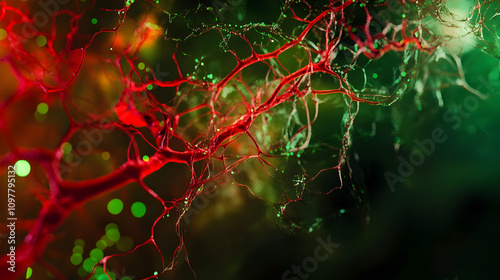 A glowing neural-like vascular system with bright red and green capillaries, representing AI-enhanced circulatory research and futuristic blood vessel mapping.

 photo