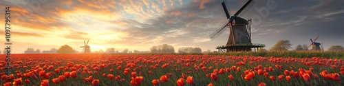 Dutch windmills amidst vibrant tulip fields at sunset.