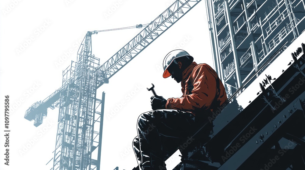 Construction Worker Illustration: High-Rise Building Project, Crane, Safety Gear Construction Worker Illustration: High-Rise Building Project, Crane, Safety Gear