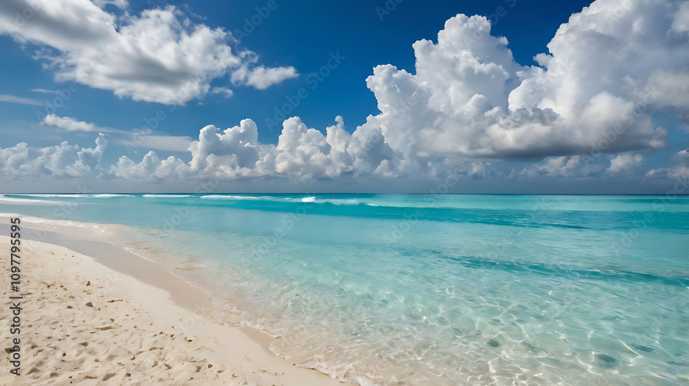A tropical beach with soft white sand, turquoise waves sparkling under the radiant blue sky, and gentle clouds drifting overhead. A tropical beach with soft white sand, turquoise waves sparkling under the radiant blue sky, and gentle clouds drifting overhead.