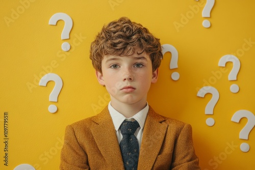 Pensive child entrepreneur posing near question marks on a vibrant yellow backdrop, representing business challenges and problem-solving