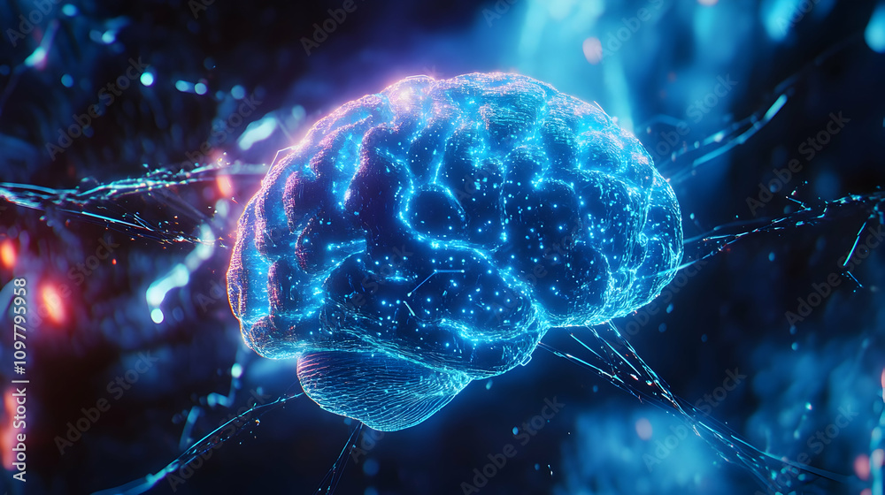 Fototapeta premium A highly detailed 3D-rendered brain with blue luminescent energy, indicating an advanced artificial neural structure. The vibrant digital aesthetics suggest futuristic cognition, AI-powered thoughts, 