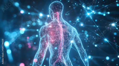 A glowing holographic human body with highlighted spinal and neural pathways, representing advanced medical imaging and the central nervous system.

