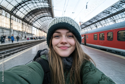 Girl waits for a train on the platform and takes a selfie. Beautiful tourist takes a selfie at the train station. Girl at the station. Travel and adventure photo