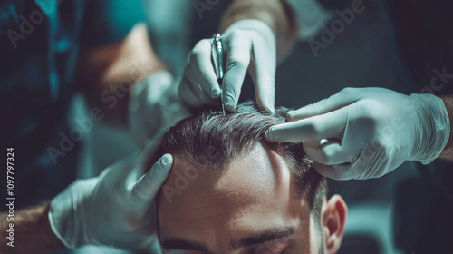 Two hair specialists are carefully taking hair from a man's head to use for a hair transplant. This is part of a hair transplant procedure using the FUE Sapphire method.