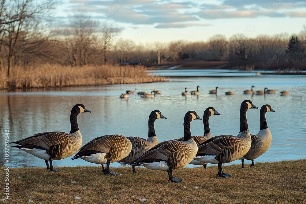 Fototapeta premium Group of geese waddling together near a farm pond