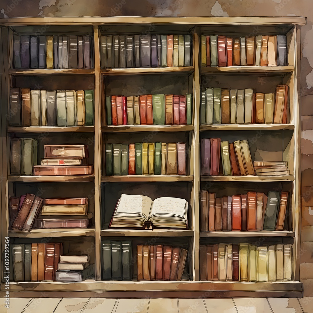 Large wooden bookcase filled with various books, one open book in the center.
