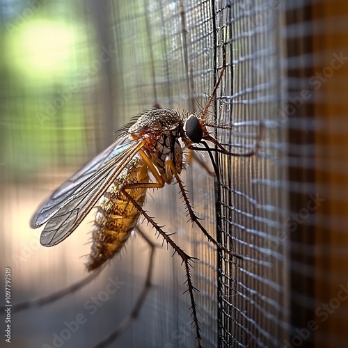 Mosquito Trapped in Window Screen Trying to Invade Clean White Backdrop Pest Concept with Copy Space
