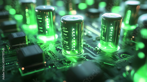A futuristic visualization of green glowing capacitors on a circuit board, symbolizing the fusion of technology and energy efficiency in a tech-driven world.

