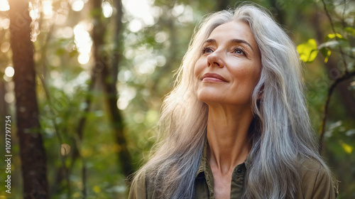 Silver-haired woman enjoying wellness and vitality in serene forest