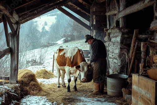 Farmer milking a cow in a traditional barn setting photo