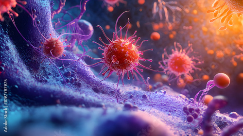A highly detailed representation of viruses with glowing red cores and spiky appendages, interacting within a purple-toned microbial environment. The image emphasizes their complexity and biological p