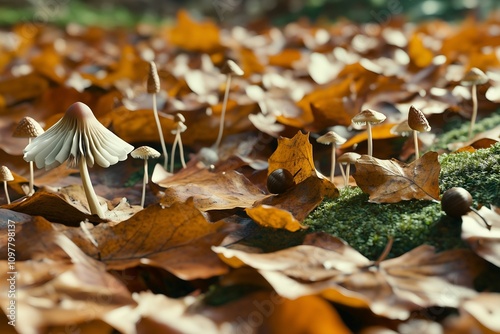 Forest Floor with Fungi, Snail, and Autumn Leaves photo