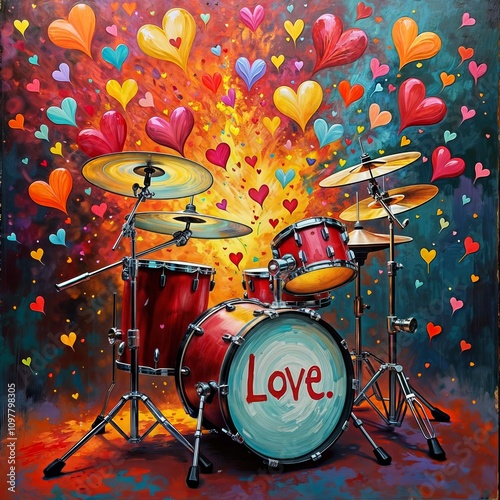 Love Drum Set. A vibrant drum set surrounded by colorful hearts symbolizes the rhythm of love and passion. Perfect for Valentine's Day or music-themed projects. photo