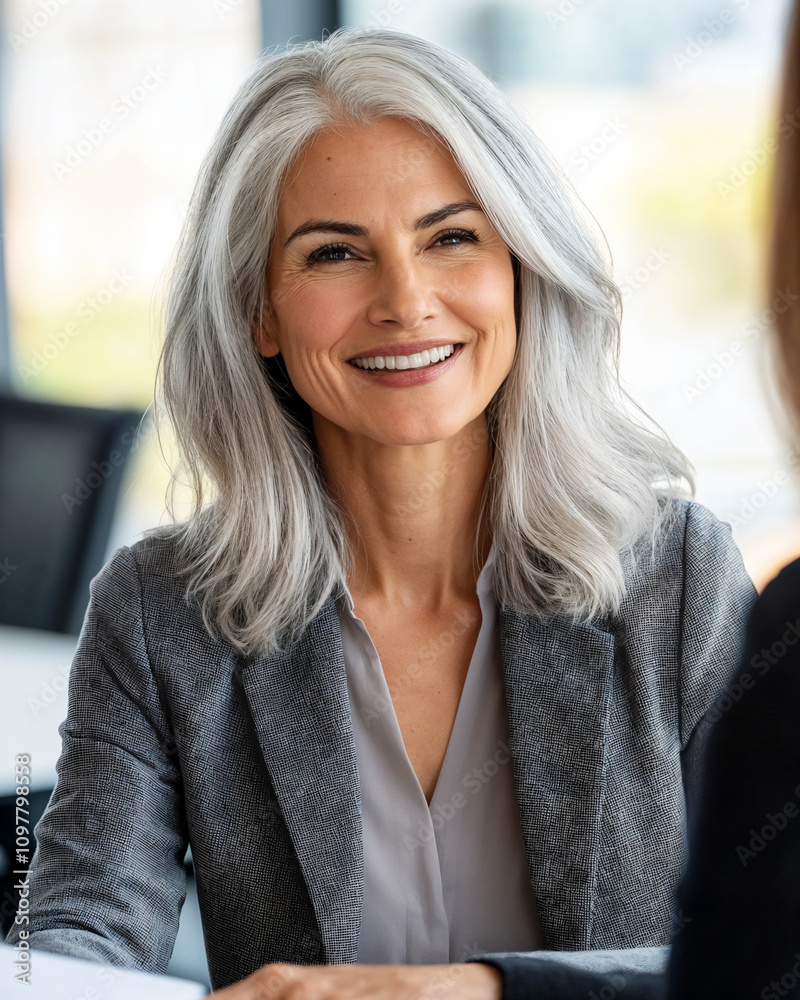 Successful female executive with silver hair in modern office, Professional business leadership portrait Successful female executive with silver hair in modern office, Professional business leadership portrait
