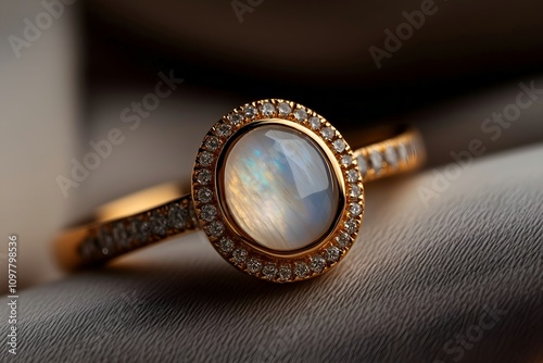 Gold Ring with Oval Moonstone and Diamond Accents