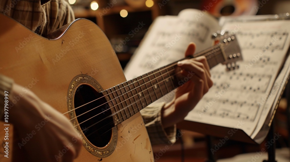 Fototapeta premium Students practice playing the acoustic guitar, strumming chords with dedication and determination, surrounded by music notes and musical notes