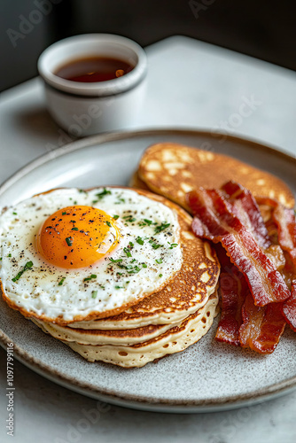 Set of breakfast items like pancakes, eggs, and bacon on a plate photo