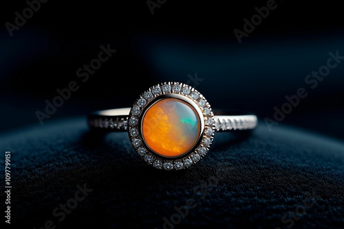 Rose Gold Ring with Orange Opal and Diamond Halo