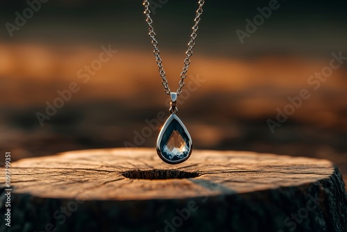Silver Chain Necklace with Blue Gemstone Pendant on Tree Stump
