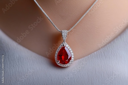 Silver Chain Necklace with Pear-Shaped Red Gemstone Pendant and Diamond Accents