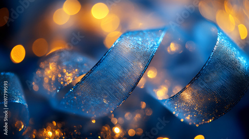  A Glittering Ribbon Illuminated by Warm Light,   close-up of a shimmering, golden ribbon adorned with delicate sparkles, glowing under soft, warm lighting