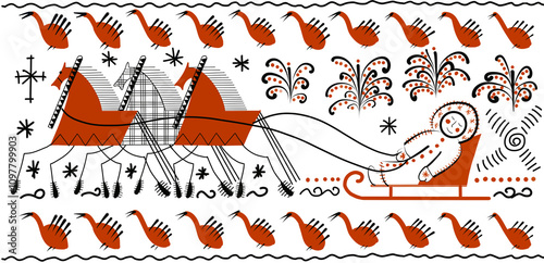 Folk art. Decorative illustration of the Mezen painting with horses and a man in a sleigh