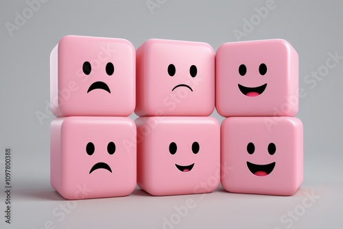 arafed pink cubes with faces and eyes with a sad face