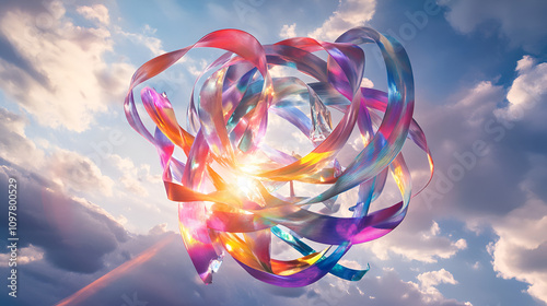 image features vibrant, iridescent ribbons intertwined in a dynamic, abstract form, illuminated by sunlight, Set against a serene sky with soft clouds, it evokes a sense of motion and ethereal beauty