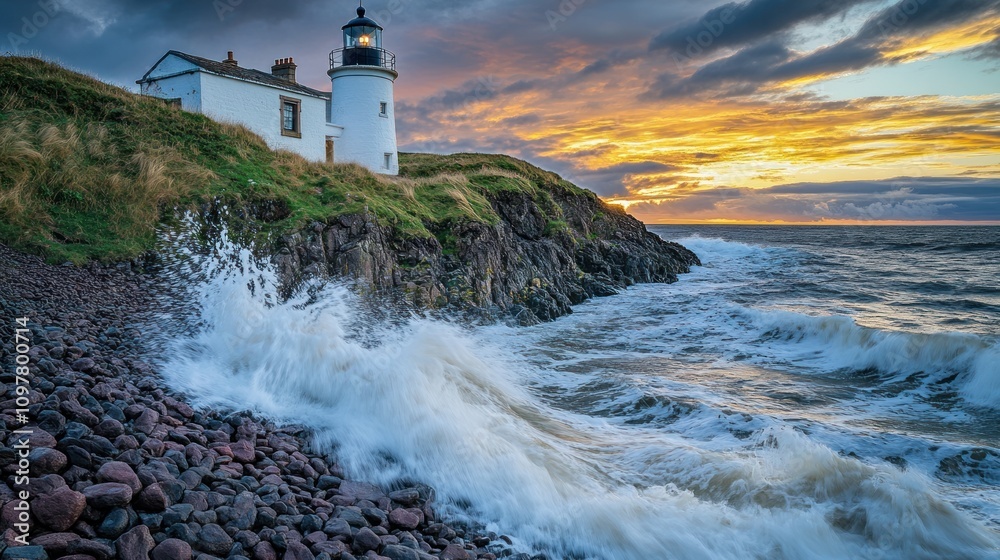 Fototapeta premium Coastal Lighthouse Sunset Dramatic Waves Crashing Rocks