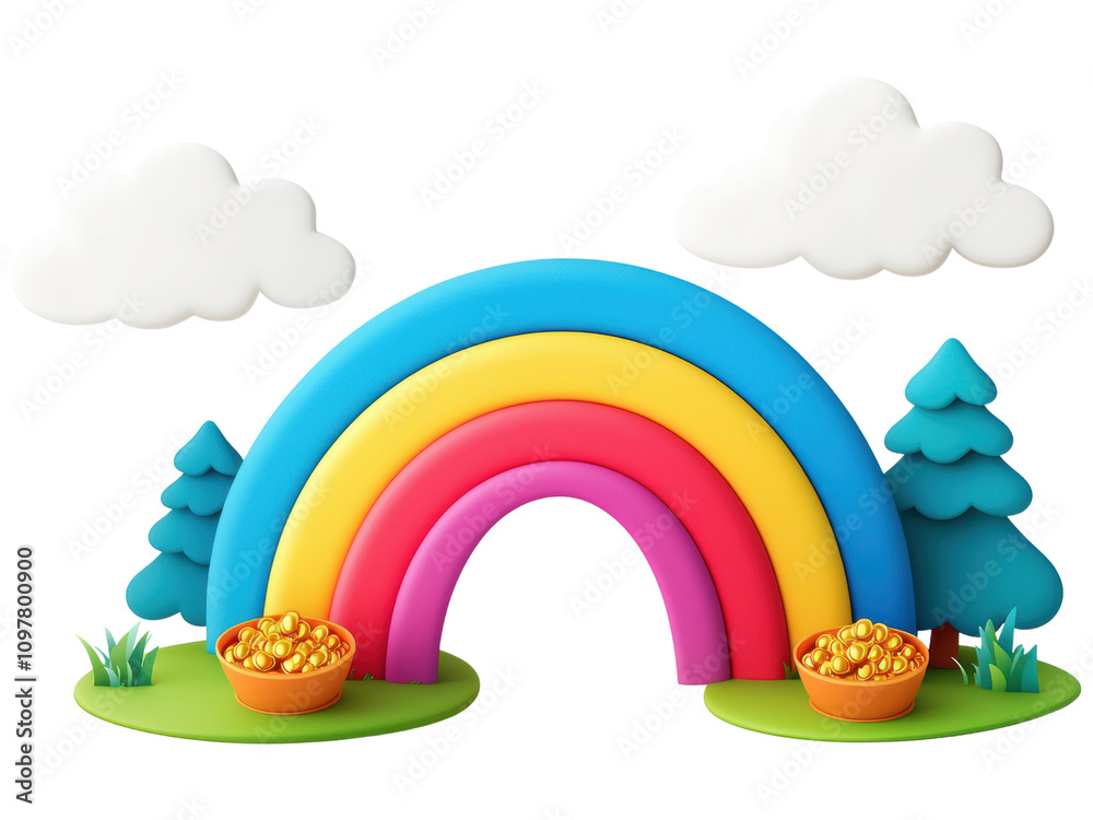 Colorful Rainbow with Clouds and Trees in a Landscape