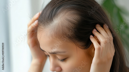 A young Asian woman is worried about hair loss. She sees thinning hair and a receding hairline in the mirror.  She's concerned about her hair health and wants to find ways to improve it.