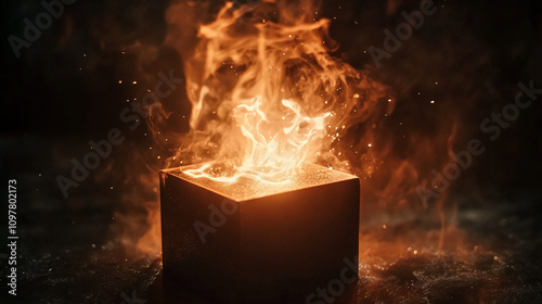 Mystical flames engulf a glowing box in a dark environment, creating an enchanting atmosphere